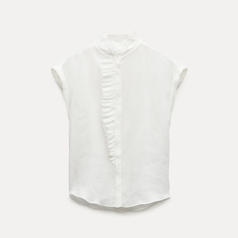 NWT Zara Woman RUFFLED 100% RAMIE SHIRT ZW COLLECTION White Size S Small - Picture 5 of 12